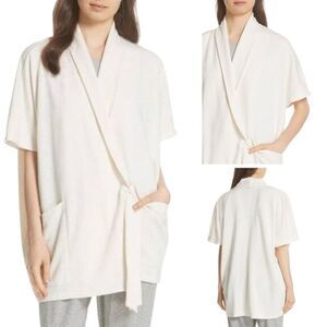 Eileen Fisher Ecru Oversized Cotton Terry Side Tie Kimono Wrap Jacket Large